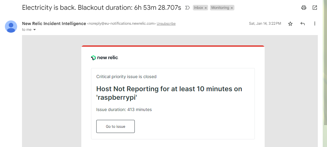 Notification from New Relic about closing the incident